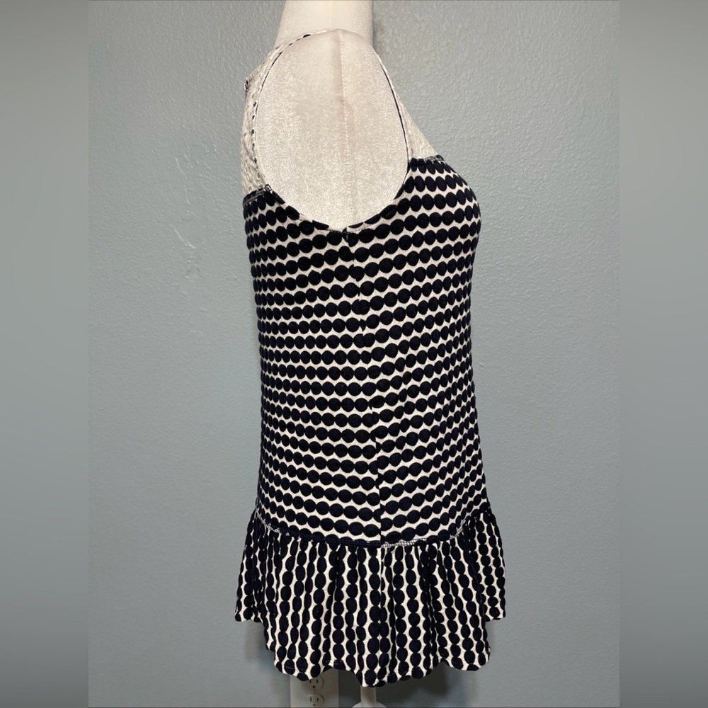 Black White Polka Dot Eyelet Lace Sleeveless Blouse Ruffle Hem Flowy Top Medium - Picture 2 of 12